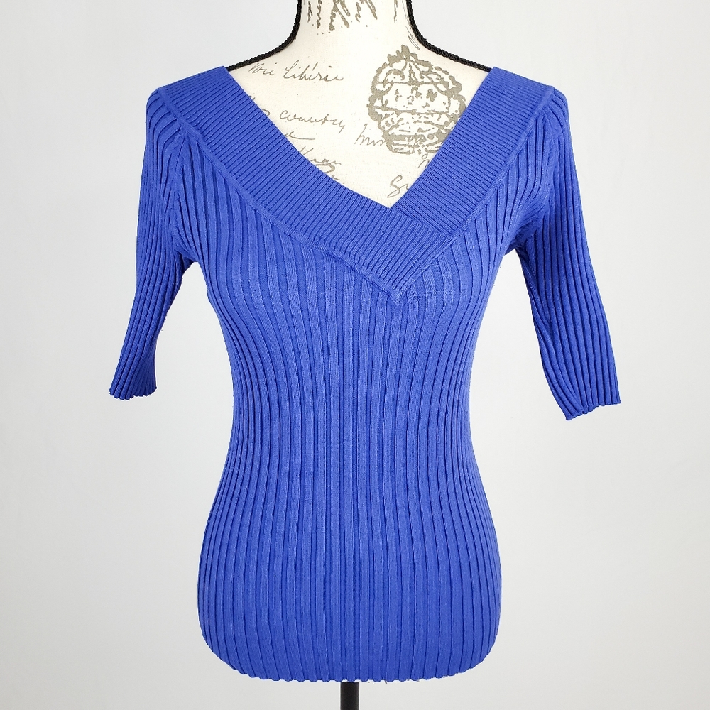 City Streets V-Neck Bodycon Top Blue Size Large